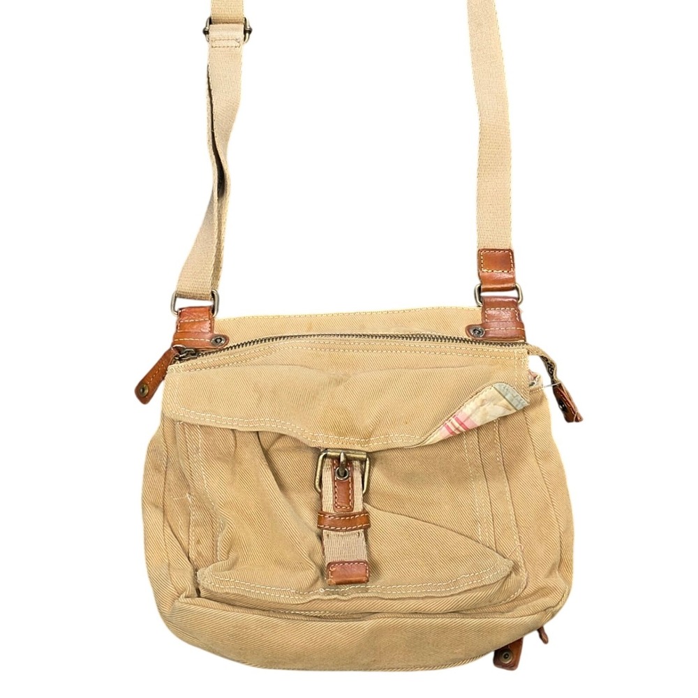 Vintage Fossil Classic Brand Crossbody Messenger Bag Tan Canvas Leather Trim